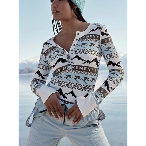Free People Movement Rally Printed Layer Ribbed Knit Henley Top Ski Mountain XS - Picture 1 of 10